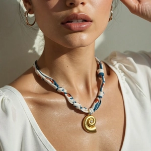 Detail of 18K gold conch pendant with pearl and colorful printed silk scarf necklace