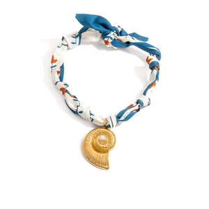 Marine silk scarf necklace with golden snail pendant and pearl in 18K gold plated finish