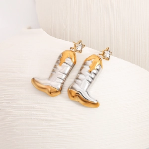 Unique gold and silver two-tone cowboy boot earrings with star-shaped zircon studs
