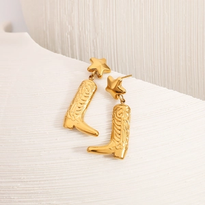 Chic 18K gold plated stainless steel star and cowboy boot drop earrings for women