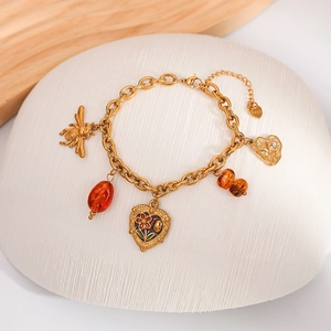 Vintage 18K gold-plated stainless steel bracelet with bee and heart charms