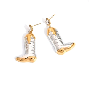 Chic two-tone stainless steel cowboy boot dangle earrings with star zircon stud