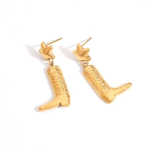 Western style stainless steel cowboy boot earrings with star studs in gold finish