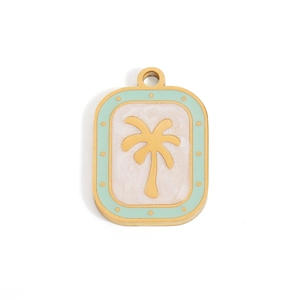 Tropical style 18K gold plated stainless steel rectangle pendant with coconut tree design