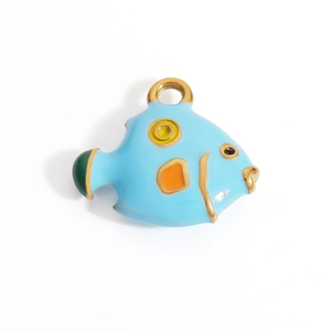 Detail of 18K gold plated tropical fish pendant with blue enamel and colorful patterns