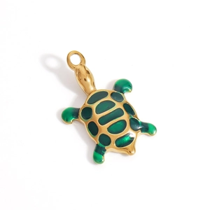 Golden turtle pendant with deep green enamel shell for DIY necklace jewelry making