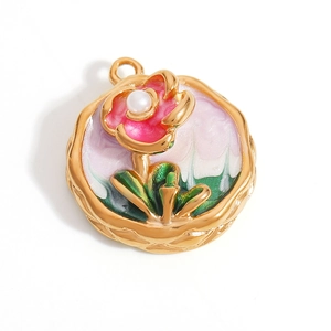 Detail of 18K gold-plated flower pendant with pink petals, enamel and faux pearl inlay