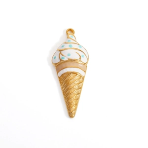 Detail of 18K gold-plated ice cream pendant with white and blue enamel patterns