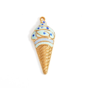 Detail view of 18K gold plated ice cream cone pendant with mint green enamel accents