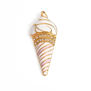 Detail of 18K gold ice cream pendant with white enamel and sparkling zircon rows