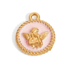 Macro detail of round 18K gold plated pendant with pink enamel and angel relief