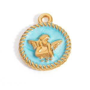 Detail of round 18K gold pendant with light blue enamel and angel wing relief art