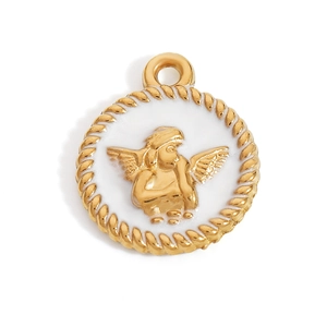 Detailed macro view of an 18K gold angel cupid charm with white enamel and twisted border