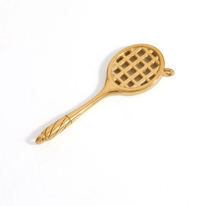 Detailed macro view of a golden tennis racket charm with fine grid texture for DIY jewelry