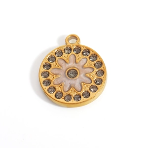 Detail of 18K gold-plated floral pendant with pink enamel and sparkling grey crystals