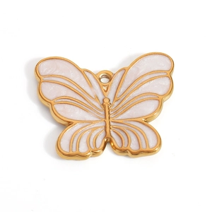 Detailed view of butterfly pendant with gold plating and pearl white enamel filling