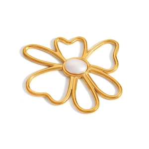 Detailed macro view of 18K gold hollow flower pendant with a central white pearl inlay