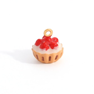Charming strawberry cream dessert enamel pendant with golden loop for jewelry making