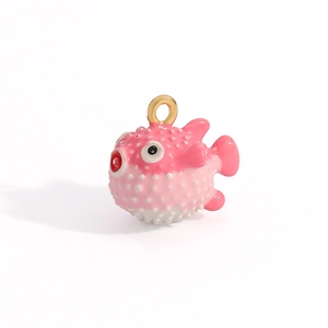 Pink pufferfish charm with gradient enamel finish and gold ring for jewelry making