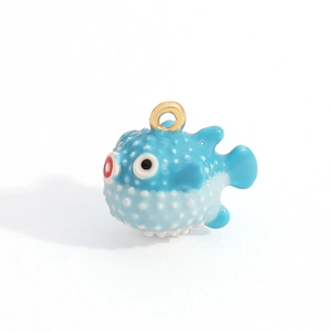 Blue pufferfish pendant charm with white spots and gold ring for DIY necklaces