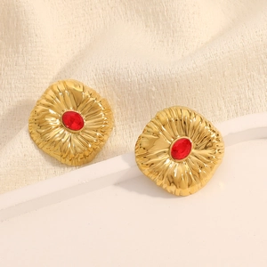 Orecchini vintage in acciaio inossidabile dorato con rubino rosso in stile geometrico concavo