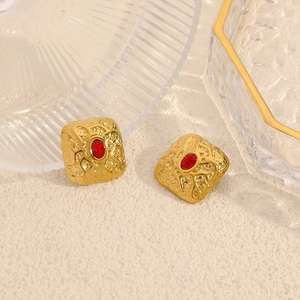 Vintage 18k gold plated stainless steel square earrings with red stone center