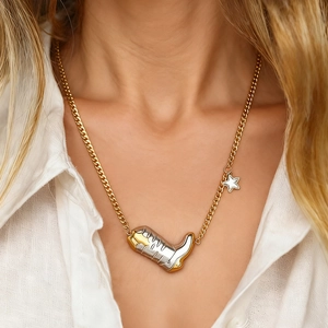 Collana con Pendente a Forma di Stivale da Cowboy e Stella Acciaio Inossidabile Bicolore Oro Argento Anello Orecchini Gioielli Donna Regalo