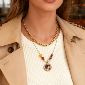 Collier Double Couche en Acier Inoxydable avec Pendentif Fleur en Émail Perles Colorées Bijoux Or Femme Bohème