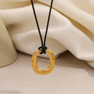 Minimalist 18K gold plated stainless steel hollow oval pendant on black wax cord necklace