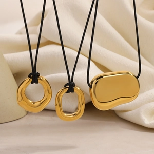 Minimalist 18k gold plated stainless steel irregular geometric circle necklace with black cord