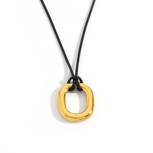 Minimalist 18K gold plated stainless steel hollow oval pendant on black cord necklace