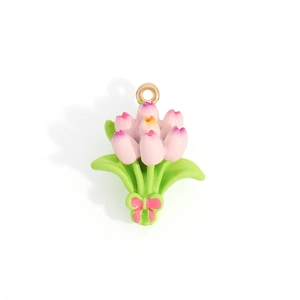 Detailed pink tulip flower bouquet pendant charm with green leaves and pink bow knot