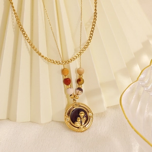 Collier double rang plaqué or 18 carats avec perles colorées et pendentif fleur vintage