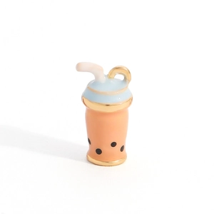 Orange bubble tea charm pendant with blue lid and golden enamel alloy finish