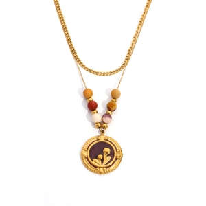 Collier double rang en acier inoxydable plaqué or 18k avec perles colorées et pendentif fleur