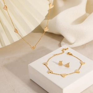 18k gold plated stainless steel jewelry set with white heart pendant necklace and earrings
