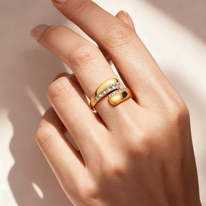 Fashion 18K Gold Plated Stainless Steel Bypass Ring For Women Double Row Rhinestone Inlaid Adjustable Open Finger Ring Jewelry