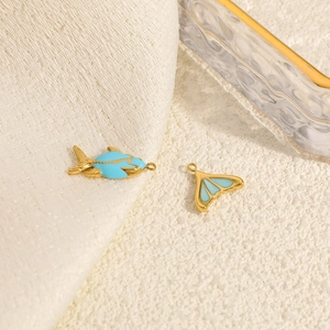Sky blue enamel fish and fishtail heart pendants in 14K gold plated stainless steel