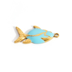 14k gold-plated fish pendant with light blue enamel and a minimalist metal frame