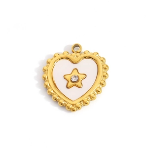 Detail of 14K gold plated heart pendant with white enamel, star design, and zircon inlay