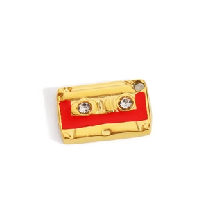 Vintage gold-plated cassette tape charm with red enamel and sparkling rhinestones