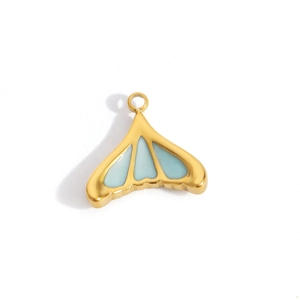 Detail of a 14k gold plated fan-shaped pendant with blue enamel and crystal inlay