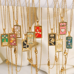 Vintage 18K Vergoldete Edelstahl Tarotkarte Anhänger Halskette Für Damen Retro Mystisch Emaille Strass Schmuck