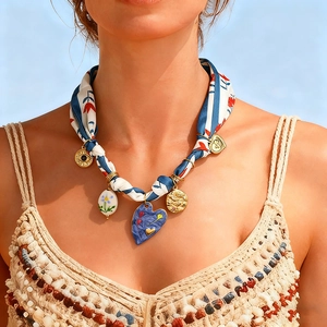 Bohemian Satin Scarf Necklace With Stainless Steel Gold Plated Heart Flower Medallion Pendants For Women Vintage Vacation Jewelry