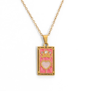 Vintage 18K Gold Edelstahl Tarot Kaiserin Anhänger Halskette mit rosa Emaille Herz