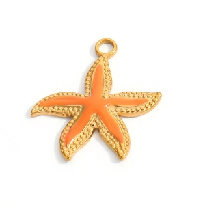 Pendentif étoile de mer en acier inoxydable doré avec émail orange et bordure texturée