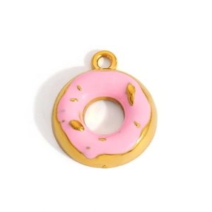 Pink enamel donut pendant with gold plating and hanging loop for DIY jewelry making