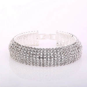 Sparkling silver-toned wide rhinestone bracelet with multi-row crystal stones for women