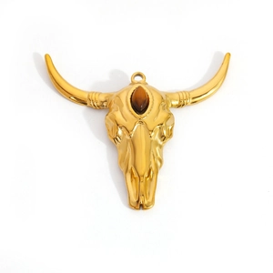 Gold-plated bull skull pendant with tiger eye stone and top ring for DIY jewelry