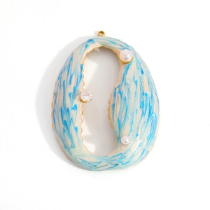 Artistic oval stainless steel pendant with blue marble enamel, pearl and zircon accents